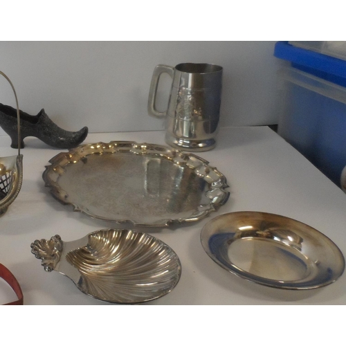 56 - Collection of various plated metalware including tray, butter-dish and tankards etc (Qty)