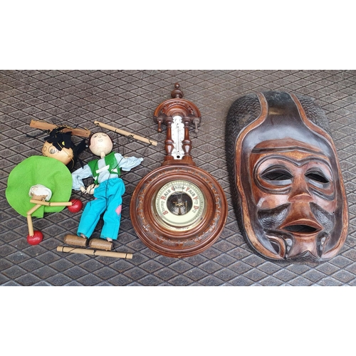 66 - Wooden carved African mask together with an small, antique barometer and 2 vintage puppets (4)