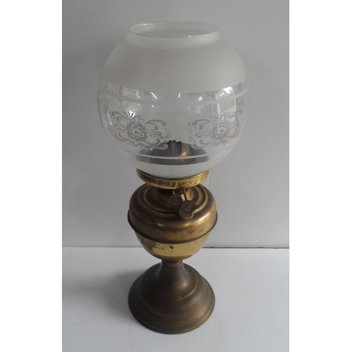 68 - Antique oil Duplex oil lamp and etched shade (no flute) together with a box of old tins (Qty)