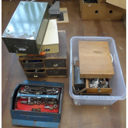 617 - Cantilever tool box full of tools, metal storage drawers containing tools, mails etc (Qty)