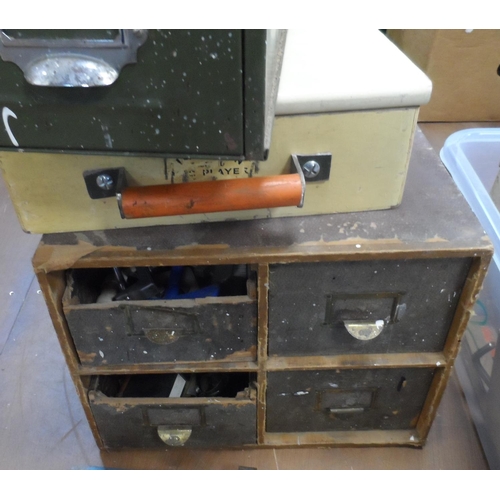 617 - Cantilever tool box full of tools, metal storage drawers containing tools, mails etc (Qty)