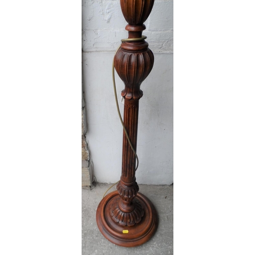 346 - Vintage, ornately turned wooden standing lamp with original shade