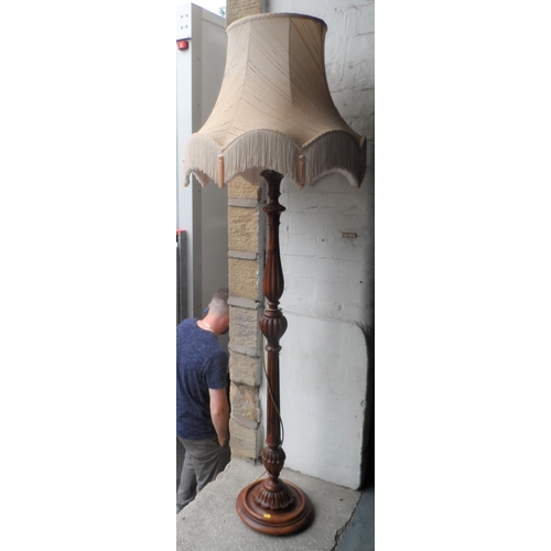 346 - Vintage, ornately turned wooden standing lamp with original shade