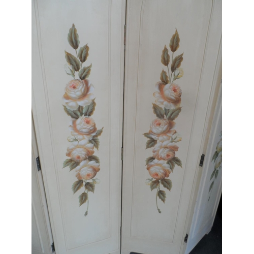 355 - Large 4-part hand painted wooden screen with floral bouquets,

180cm high by 160cm long