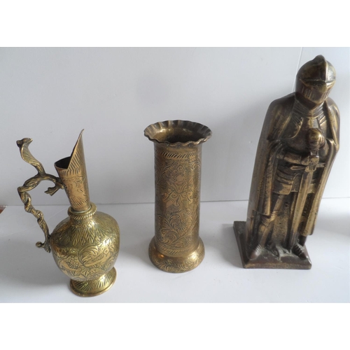 88 - Collection of old metalware including a brass door stop in the form of a knight in armour, a vase in... 