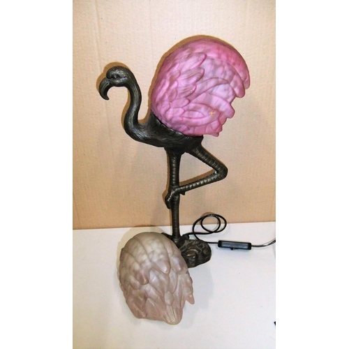 280 - Unusual, cast bronze Flamingo with two interchangeable glass lamp-shades, unsigned,

40 cm tall