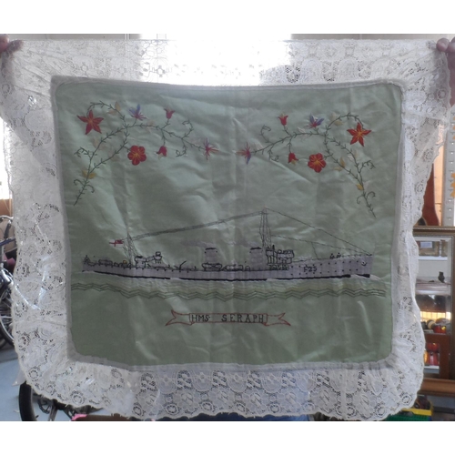 127 - WW1 embroidery for table top commemorating H.M.S. Seraph, with crocheted edging,

Embroidery measure... 