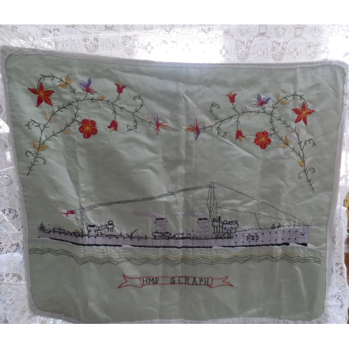 127 - WW1 embroidery for table top commemorating H.M.S. Seraph, with crocheted edging,

Embroidery measure... 