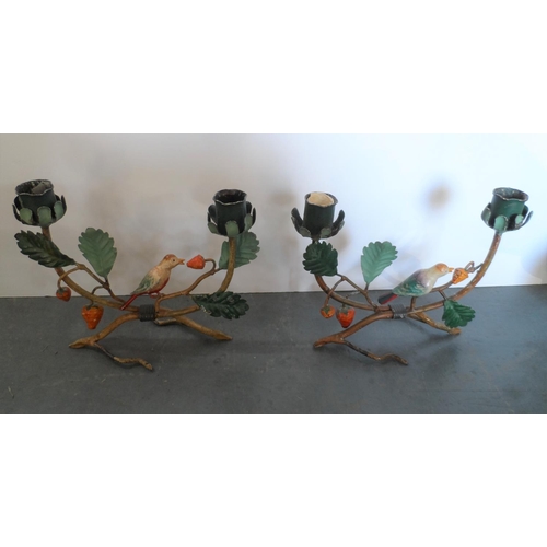 111 - Fine pair of early 20thC cold painted metal, free-standing candle-sticks depicting birds on a branch... 