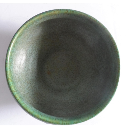 463 - Edwardian, mottled green Arts and Crafts, Ruskin style bowl, indistinctly marked to base