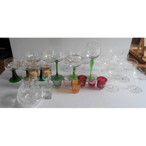 471 - Collection of antique etched champagne glasses together with some coloured later glassware etc (Qty)