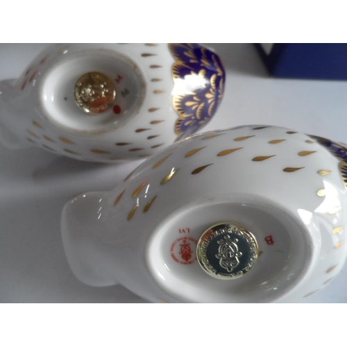 372 - Two Royal Crown Derby Owls (1 boxed), both with gold stoppers (2)