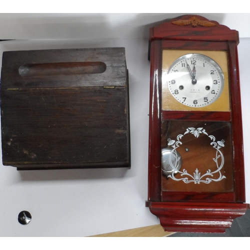 142 - Antique child's wooden writing slope and a 20thC wall clock (2)