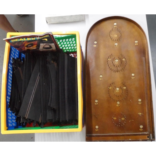 140 - Old bagatelle board together with a box full of Scalextric track (2)