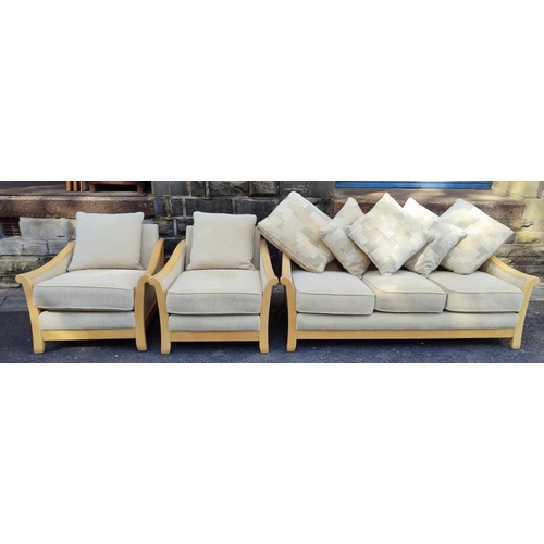 917 - A clean, modern, upholstered three seater woodframe sofa and two matching lounge chairs with cushion... 