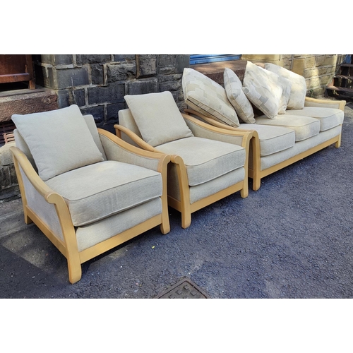 917 - A clean, modern, upholstered three seater woodframe sofa and two matching lounge chairs with cushion... 