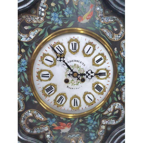 262 - Antique French ebonised wood and enamel faced wall clock with mother of pearl & handed painted inlay... 