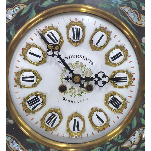 262 - Antique French ebonised wood and enamel faced wall clock with mother of pearl & handed painted inlay... 