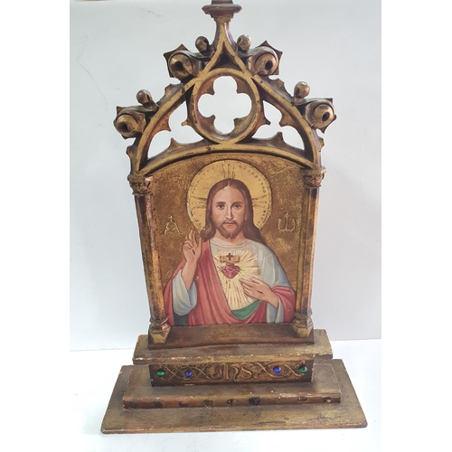 164 - Early 20thC carved wooden alter piece with hand carved Florentine top above an oil painted portrait ... 