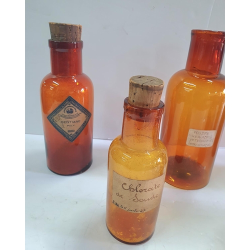 167 - Six, various sized French antique brown glassed Chemist/vets bottles, some retaining original labels... 