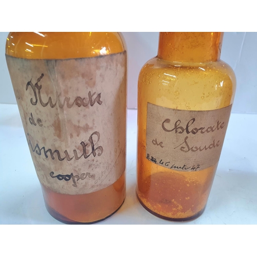 167 - Six, various sized French antique brown glassed Chemist/vets bottles, some retaining original labels... 