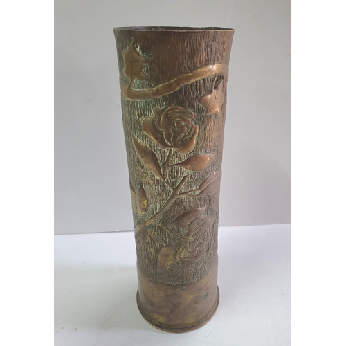 171 - WW1 trench Art shell vase, with Rose decoration