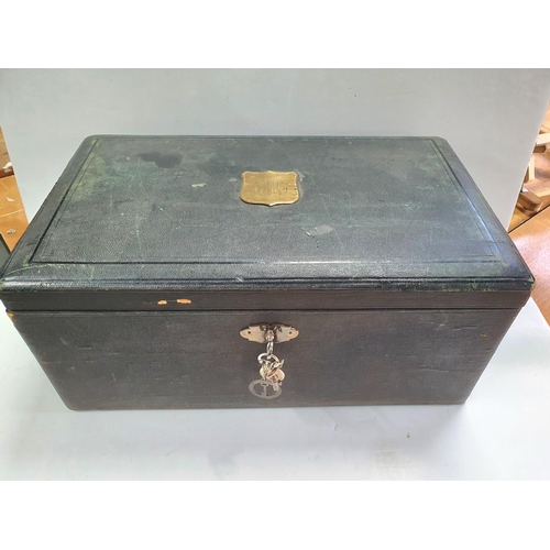 176 - Large 19thC French gentlemans travel case with snakeskin outer and brass handles to sides with 2 key... 