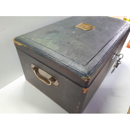 176 - Large 19thC French gentlemans travel case with snakeskin outer and brass handles to sides with 2 key... 