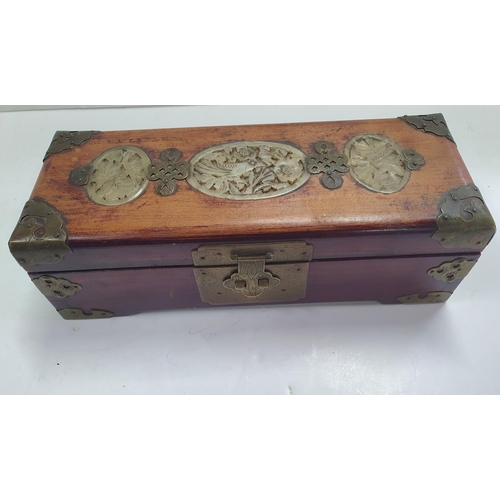 180 - Old Chinese wooden jewellery box with brass escutcheons and Jade inlaid top