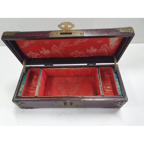 180 - Old Chinese wooden jewellery box with brass escutcheons and Jade inlaid top