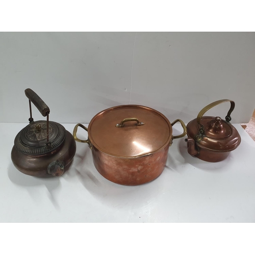 182 - Pair of antique small copper kettles together with a 2 handled lidded metal pot (3)