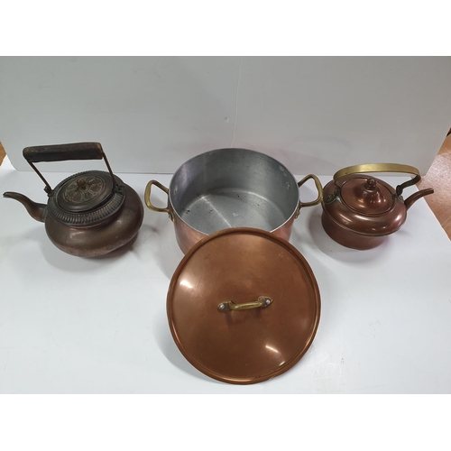 182 - Pair of antique small copper kettles together with a 2 handled lidded metal pot (3)