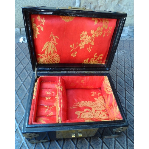 414 - Chinese black lacquered jewellery box with brass escutcheons & mother of pearl decoration