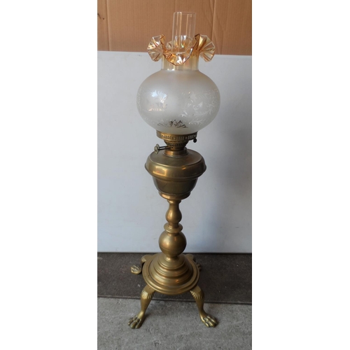 191 - Very large, free standing Victorian brass oil lamp on 4 footed base and original etched glass,

Appr... 