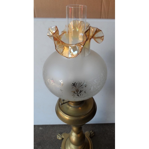 191 - Very large, free standing Victorian brass oil lamp on 4 footed base and original etched glass,

Appr... 