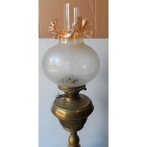 191 - Very large, free standing Victorian brass oil lamp on 4 footed base and original etched glass,

Appr... 