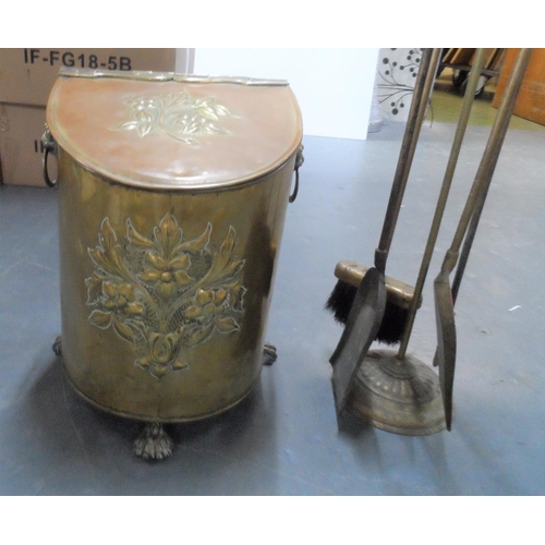 204 - Art Nouveau brass coal bucket and fire irons