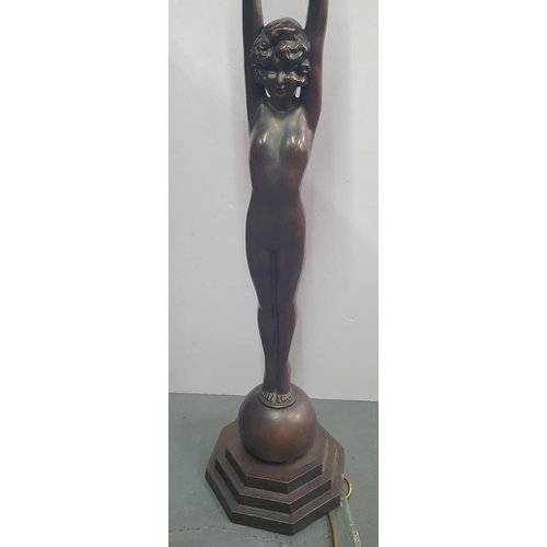 221 - Modern, tall, Art Deco style bronze standing lamp depicting a young naked lady holding the lamp abov... 