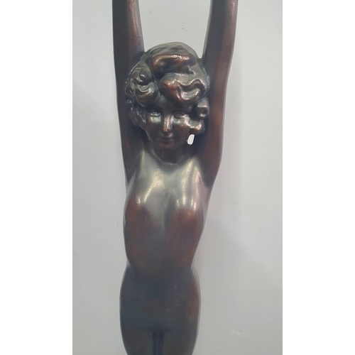 221 - Modern, tall, Art Deco style bronze standing lamp depicting a young naked lady holding the lamp abov... 