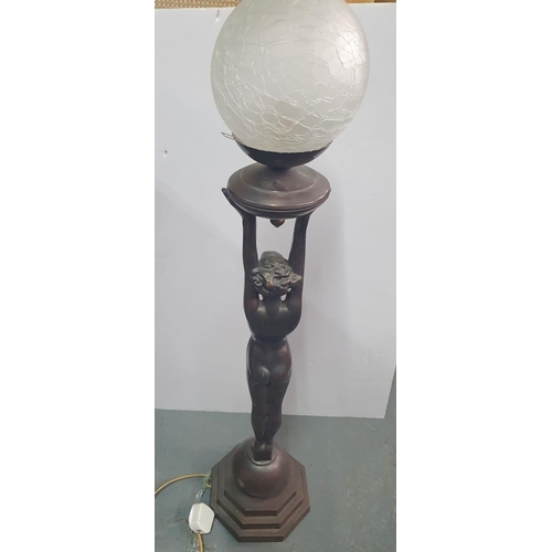 221 - Modern, tall, Art Deco style bronze standing lamp depicting a young naked lady holding the lamp abov... 