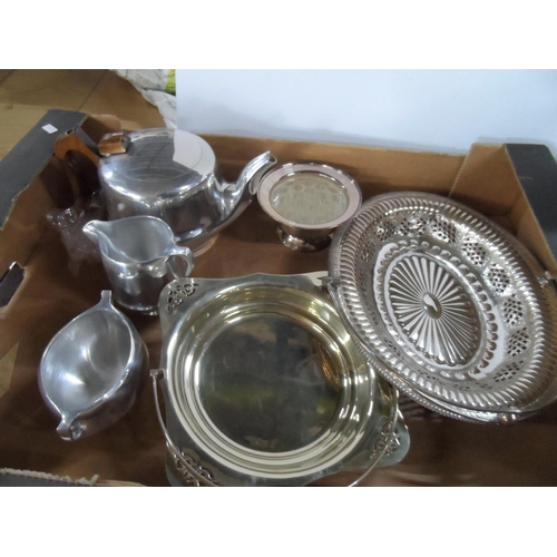 234 - Large brass jam pan, Picquet Ware 3-part tea set etc (Qty)