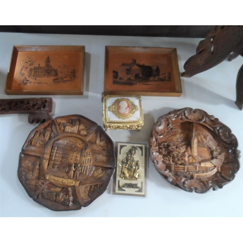 238 - Collection of items to include pair of vases, wooden European wall plaques etc (Qty)