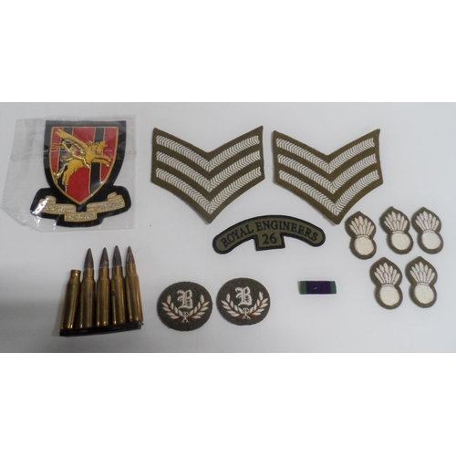 63 - Royal engineer sergeants badges etc together with an old clip of  bullets (possibly 303) etc (Qty)