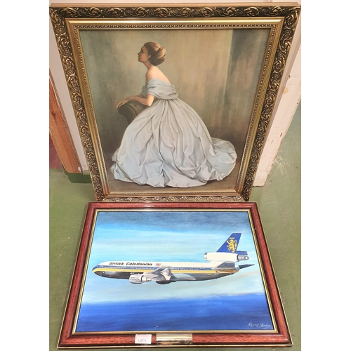 4 - Oil painting of an aeroplane together with a print of a lady in an evening gown, both framed (2)