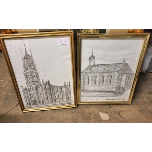 104 - Two framed 1980s pencil drawings of churches by JJJ Swarbrick (2)