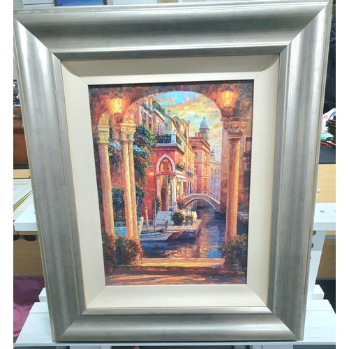 768 - Indistinctly signed, textured print showing a Venice canal scene in good quality silvered frame,

Th... 