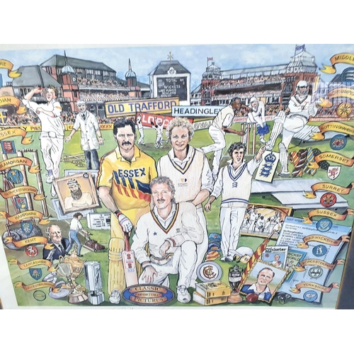 828 - English County Cricket print pencil signed  by Graeme Gooch, Ian Botham and David Gower, framed