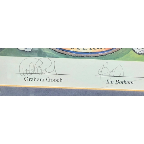 828 - English County Cricket print pencil signed  by Graeme Gooch, Ian Botham and David Gower, framed