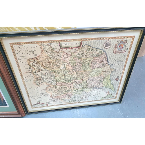 862 - Fine quality framed collage picture by Barbara Wright together with a framed map of Yorkshire (2)