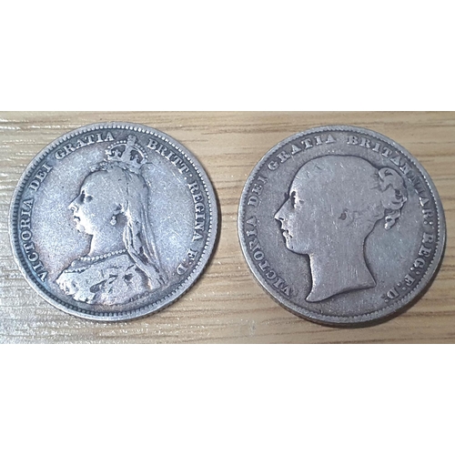 880 - Two Queen Victoria shillings, 1866 young head and a 1887 jubilee head (2)